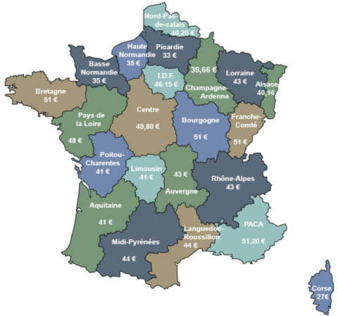 carte de France du coût du cheval fiscal